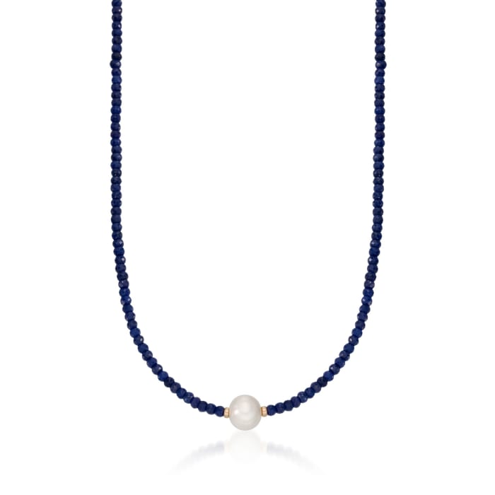 11.5-12.5mm Cultured Pearl and 78.00 ct. t.w. Sapphire Bead Necklace with 14kt Yellow Gold