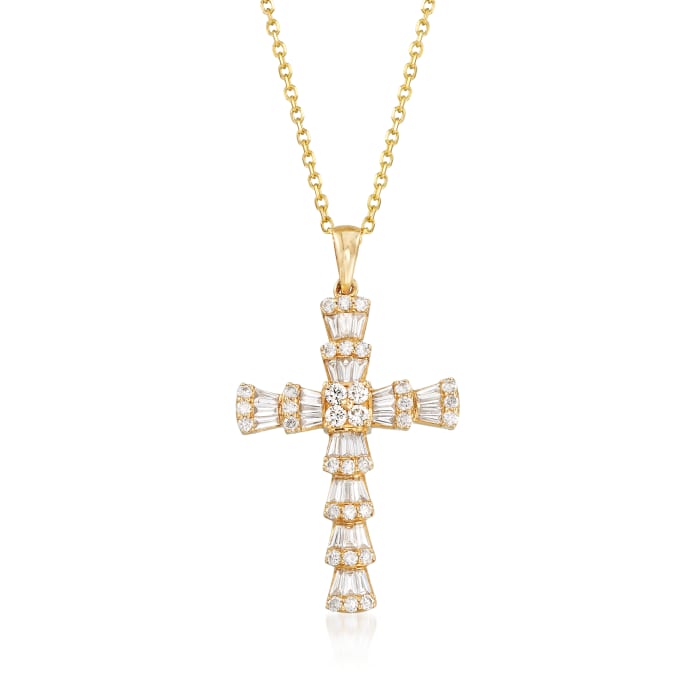 .97 ct. t.w. Round and Baguette Diamond Cross Necklace in 14kt Yellow ...