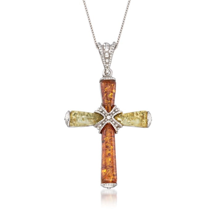 Two-Tone Amber Cross Pendant Necklace in Sterling Silver
