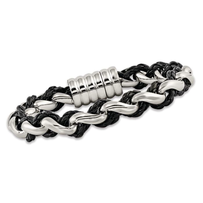 Men's Stainless Steel and Black Leather Woven Bracelet