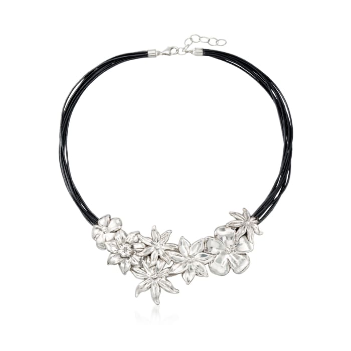 Sterling Silver and Black Leather Floral Necklace