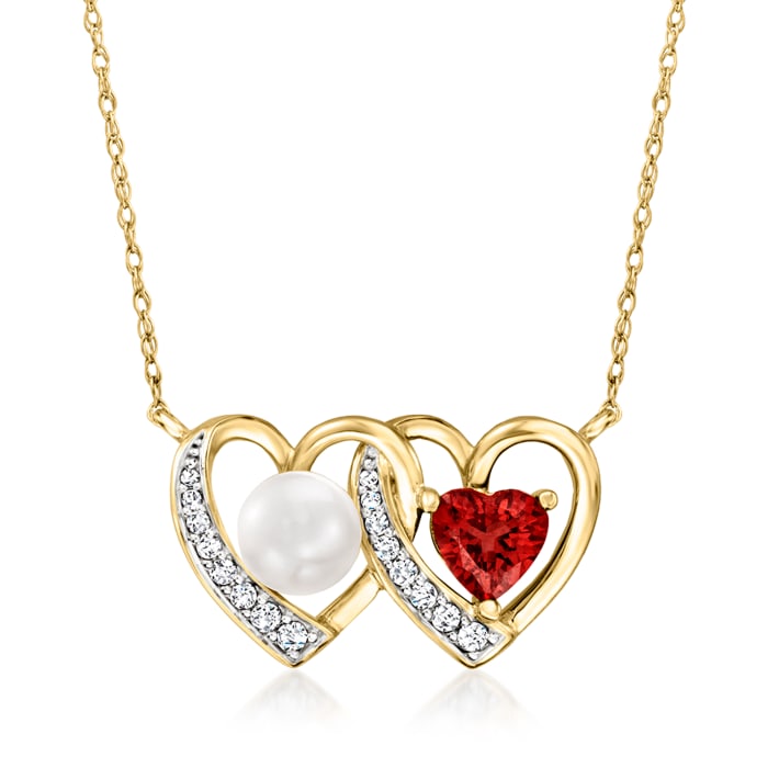 5-5.5mm Cultured Pearl and .50 Carat Garnet Heart Necklace with .10 ct. t.w. Diamonds in 14kt Yellow Gold
