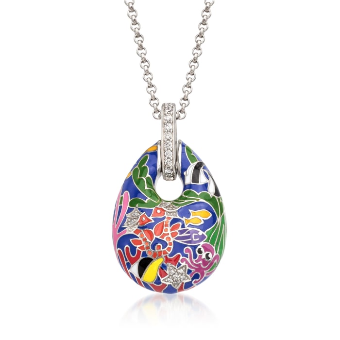 Belle Etoile &quot;Seahorse&quot; Multicolored Enamel and .30 ct. t.w. CZ Pendant in Sterling Silver