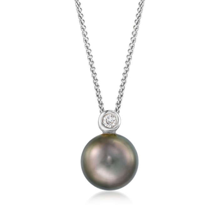 9-10mm Black Cultured Tahitian Pearl Pendant Necklace with Diamond Accent in 18kt White Gold