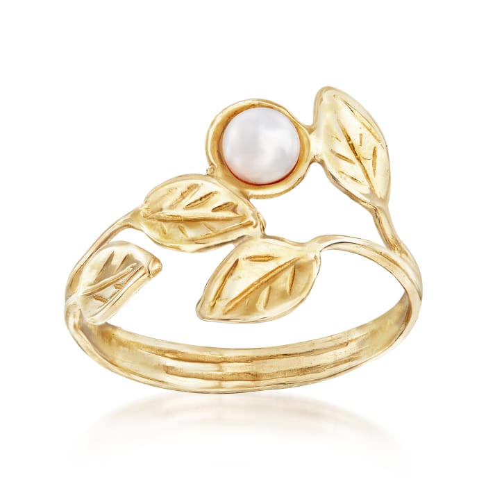 4mm Cultured Pearl Leaf Bypass Ring in 14kt Yellow Gold
