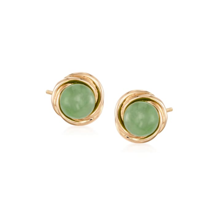 Green Jade Love Knot Stud Earrings in 14kt Gold Over Sterling