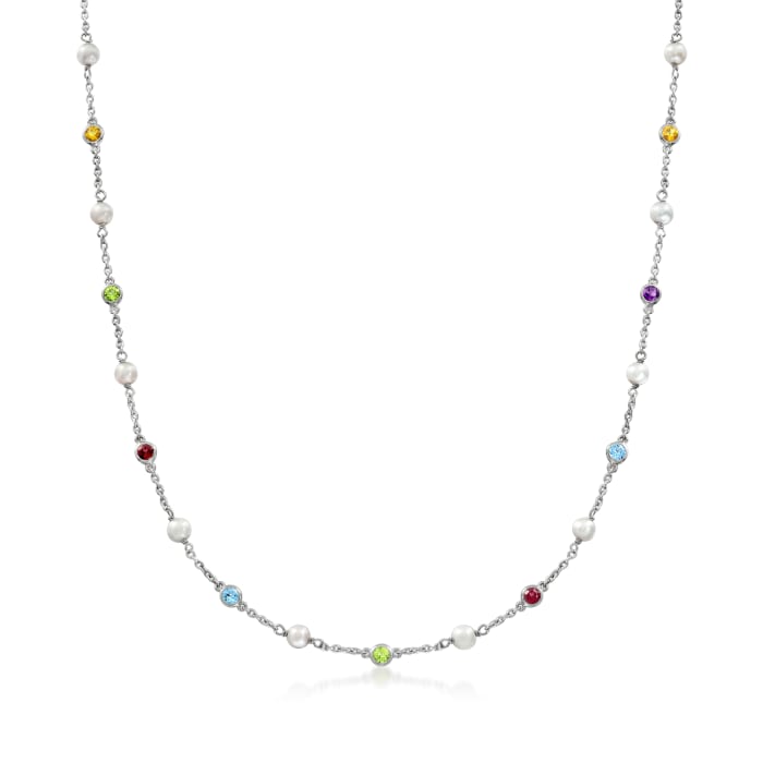 4-4.5mm Cultured Pearl and 1.60 ct. t.w. Multi-Gemstone Station Necklace in Sterling Silver