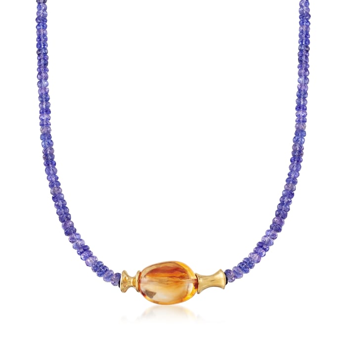 C. 1980 Vintage 21.00 Carat Citrine and Simulated Tanzanite Bead Necklace in 14kt Yellow Gold