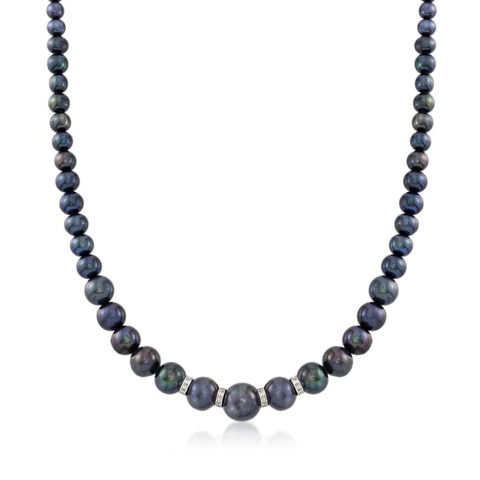 5-11.5mm Graduated Black Cultured Pearl Necklace with .24 ct. t.w. Diamonds and Sterling Silver