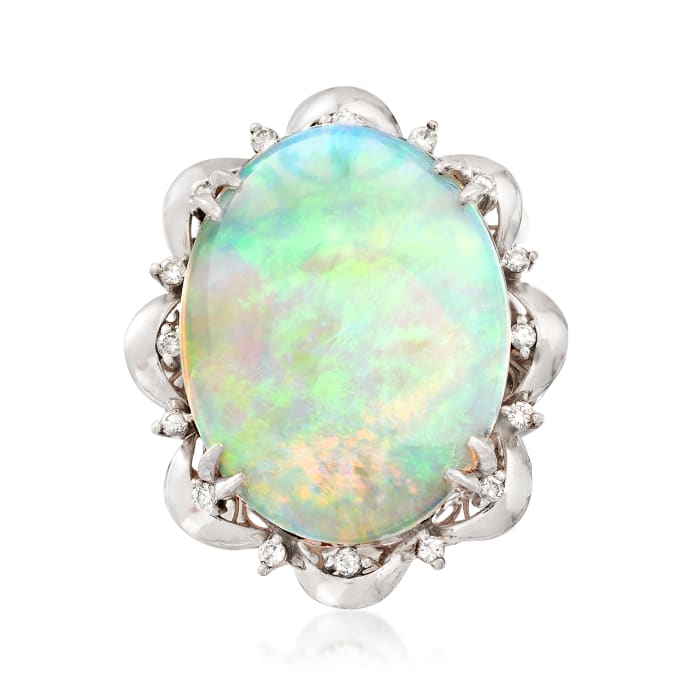 C. 1960 Vintage Opal Cabochon and .27 ct. t.w. Diamond Scallop Ring in Platinum