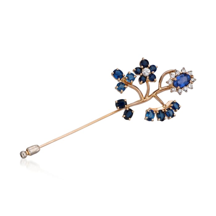 C. 2000 Vintage 7.65 ct. t.w. Sapphire and .85 ct. t.w. Diamond Floral Pin in 14kt Yellow Gold
