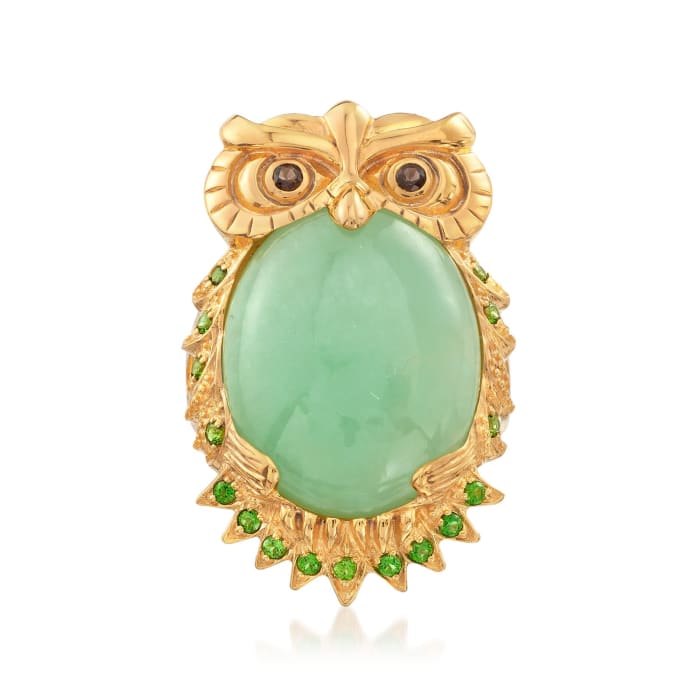 Green Jade and 1.10 ct. t.w. Chrome Diopside Owl Ring with Smoky Quartz in 14kt Gold Over Sterling