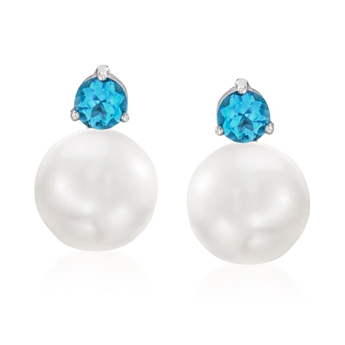 11mm Cultured Pearl and 1.20 ct. t.w. Swiss Blue Topaz Earrings in Sterling Silver