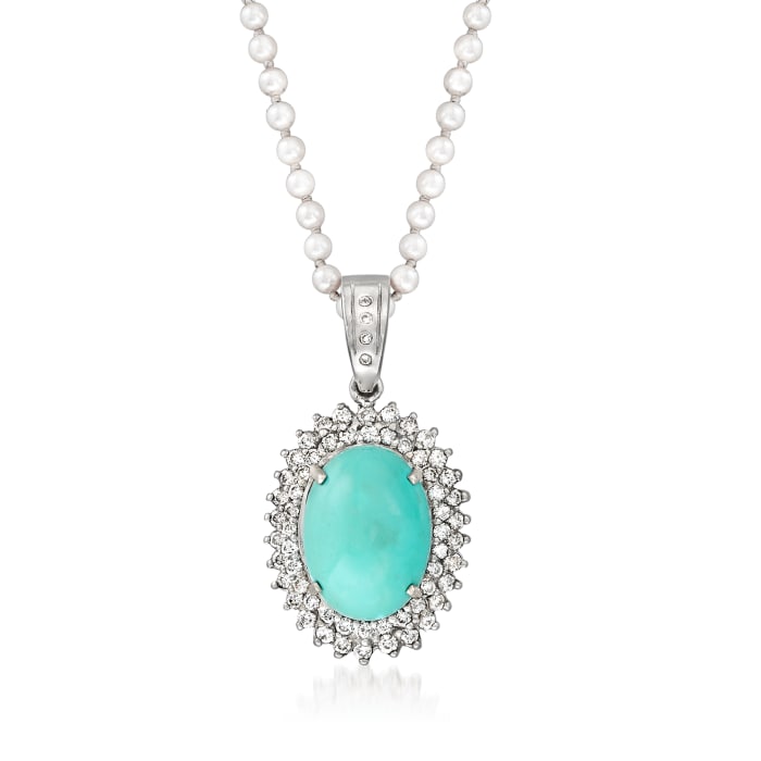 C. 1980 Vintage Turquoise and 1.40 ct. t.w. Diamond Pendant Necklace with 2.8mm Cultured Pearls in 14kt White Gold