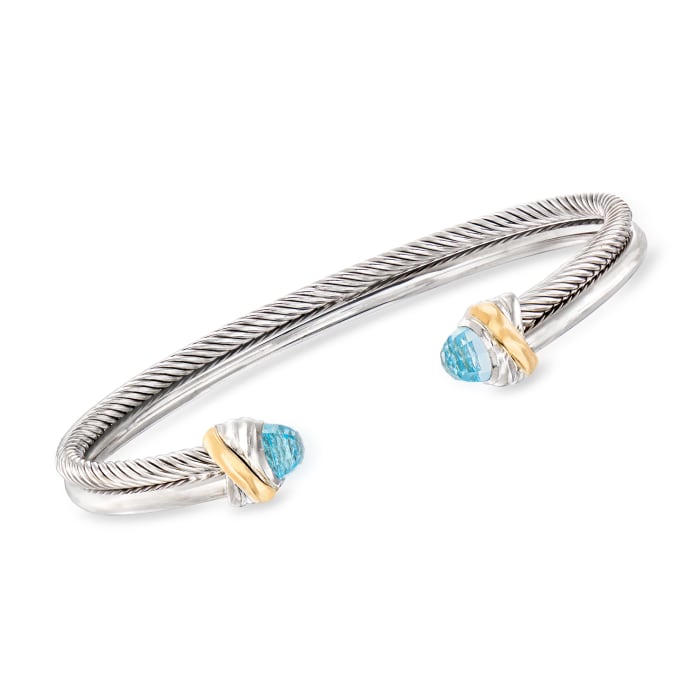 Phillip Gavriel &quot;Italian Cable&quot; .80 ct. t.w. Blue Topaz Cuff Bracelet in Sterling Silver and 18kt Yellow Gold