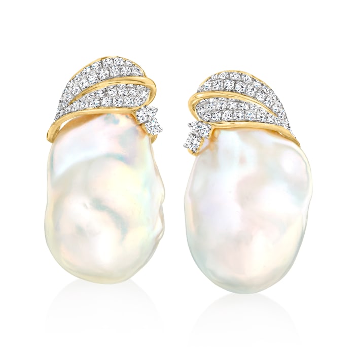 Cultured Baroque Pearl and .66 ct. t.w. Diamond Leaf Earrings in 18kt Yellow Gold