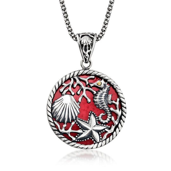 Red Coral Bali-Style Reversible Sea Life Pendant Necklace in Sterling Silver 18-inch